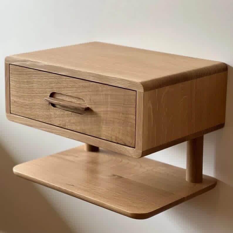 Velador Flotante de Madera con Cajón y Estante - Mesita de Noche de Pared