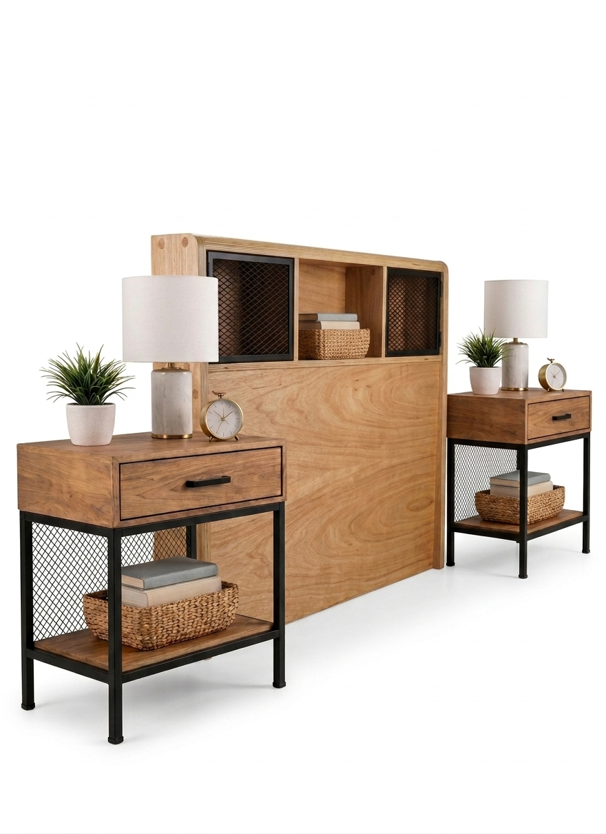 Set de Dormitorio Industrial: Respaldo Organizador + 2 Veladores