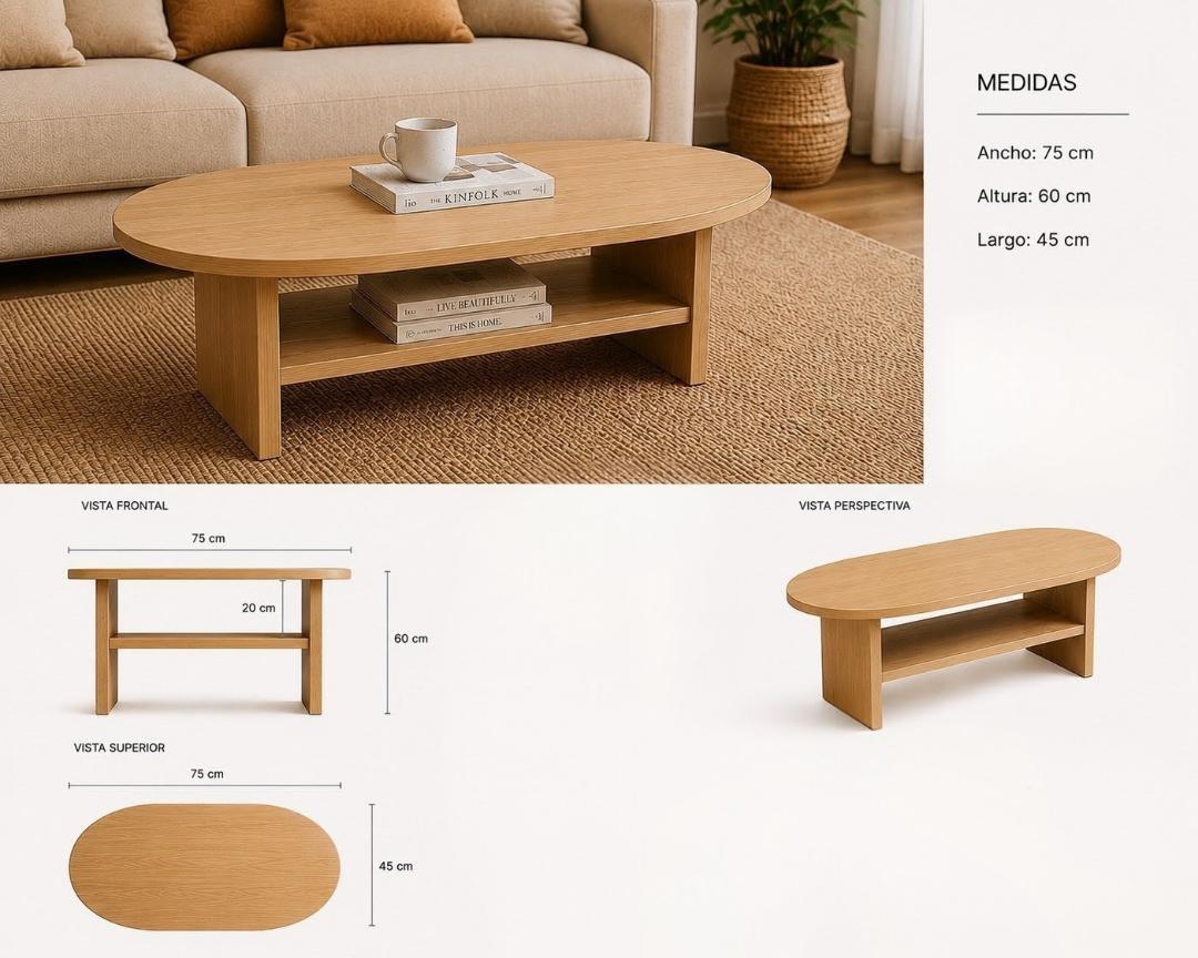 Mesa de Centro Ovalada en Madera Natural con Estante Inferior